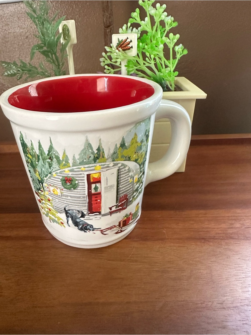 Magenta White Ceramic Mug with Red Interior and Camper Scene 18 Oz